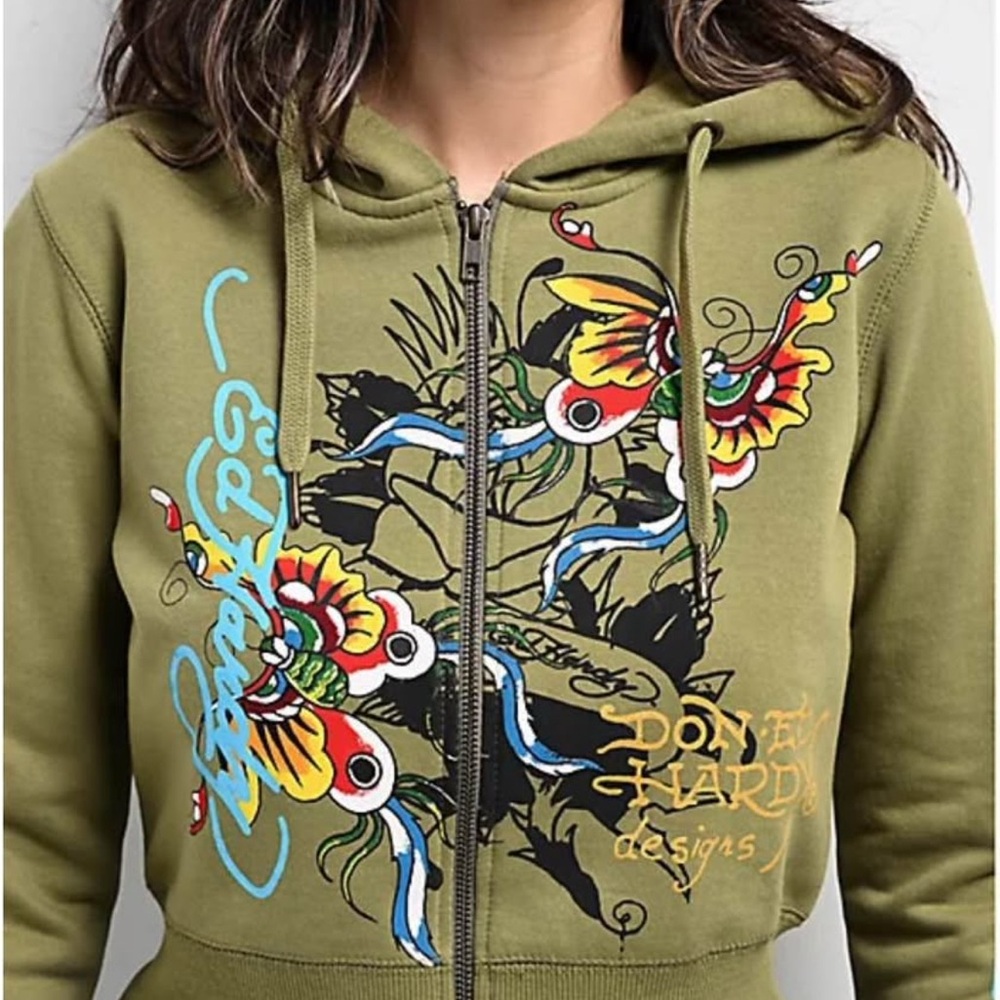 Ed Hardy Olive Green Graphic Zip-Up Hoodie